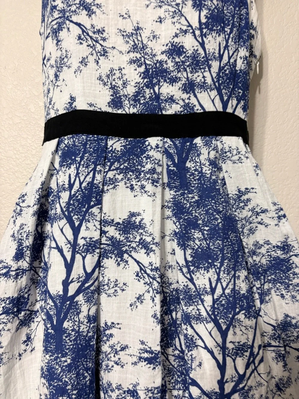 Frock Shop Blue White Toile Tree Print Sleeveless A-line Dress w Black Waist Tie - Picture 5 of 16